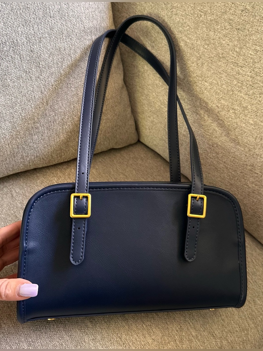NWT Madison West Classic Navy Shoulder Bag with Gold Buckles East west